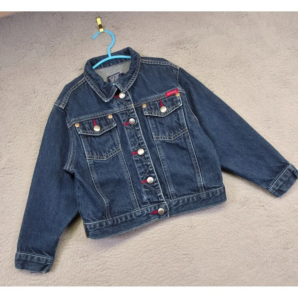 Vintage Guess Jacket Girl 6 Blue Denim‎ Dark Wash Classic Western Trucker Y2K